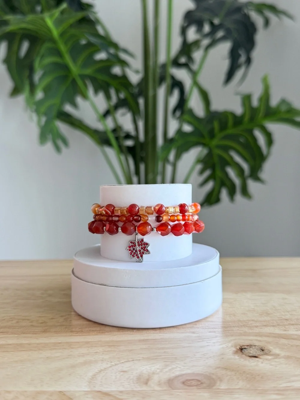 Autumn Orange Beaded Stretch Bracelet Stack with Maple Leaf Charm | Ryze Party